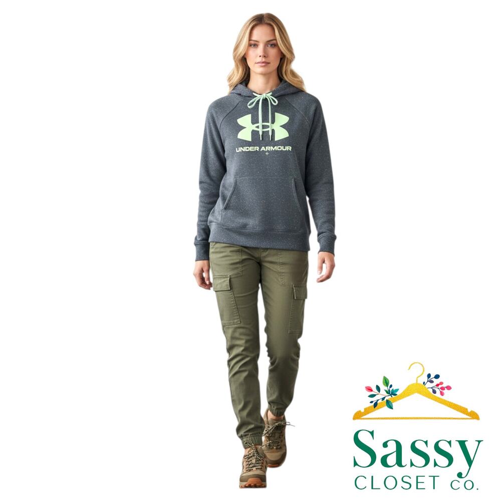 UNDER ARMOUR Rival Fleece Speckle Hoodie S Big Logo Kangaroo Pocket Gray Green